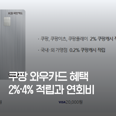 쿠팡 와우카드 혜택 — 기본 2%·기간 한정 4% 적립과 연회비 2만원 (KB국민카드 상품 안내 화면 배경)