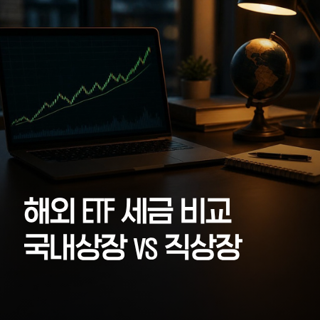 노트북 화면의 상승 그래프와 지구본 위로 '해외 ETF 세금 비교 국내상장 vs 직상장' 제목이 적힌 썸네일