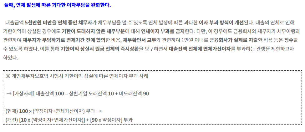 금융위원회 보도자료에서 대출금액 5천만원 미만 연체 채무자의 기한이 도래하지 않은 채무부분에 연체이자 부과를 금지한다는 설명과 대출잔액 100 = 도래잔액 10 + 미도래잔액 90 사례