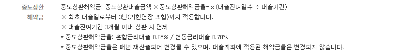 하나은행 원클릭모기지 상품 안내의 중도상환해약금 항목: 산식, 최초 대출일로부터 3년 적용, 대출잔여기간 3개월 이내 상환 시 면제, 해약금률 혼합 0.65%·변동 0.78%