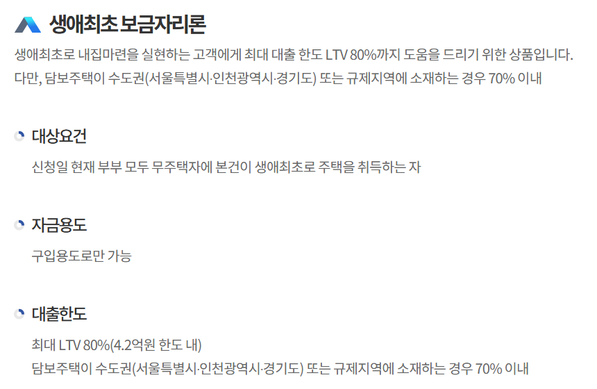 생애최초 주택담보대출 중 생애최초 보금자리론 안내 화면: 대상요건 부부 모두 무주택자, 대출한도 최대 LTV 80%(4.2억원 한도 내), 수도권·규제지역 소재 주택은 70% 이내