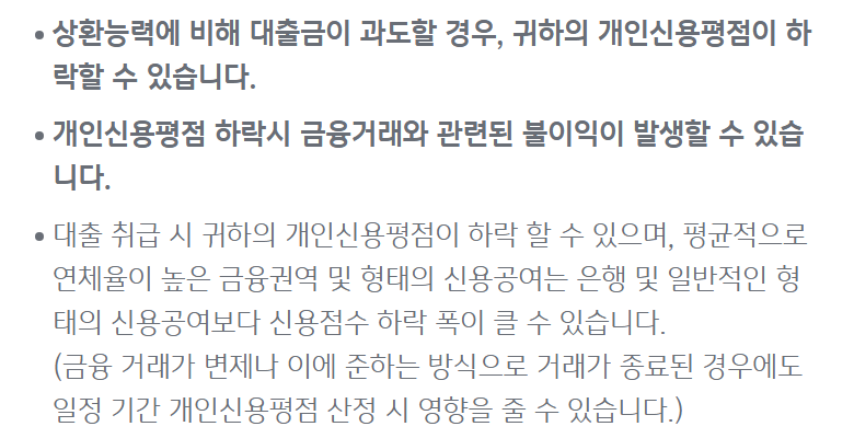 카드론 신용점수 하락 가능성을 알리는 KB국민카드 카드론 안내 화면의 고지 문구: 상환능력에 비해 대출금이 과도하면 개인신용평점이 하락할 수 있고, 대출 취급 시에도 하락할 수 있으며 연체율이 높은 형태의 신용공여는 하락 폭이 클 수 있다