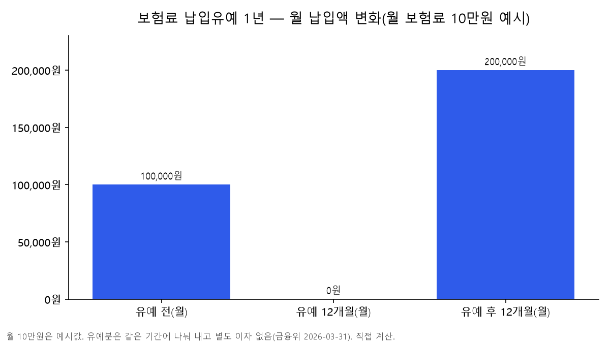 보험료 납입유예 1년 예시 막대 차트: 월 보험료 10만원이 유예 12개월 동안 0원, 유예 후 12개월 동안 20만원으로 바뀜