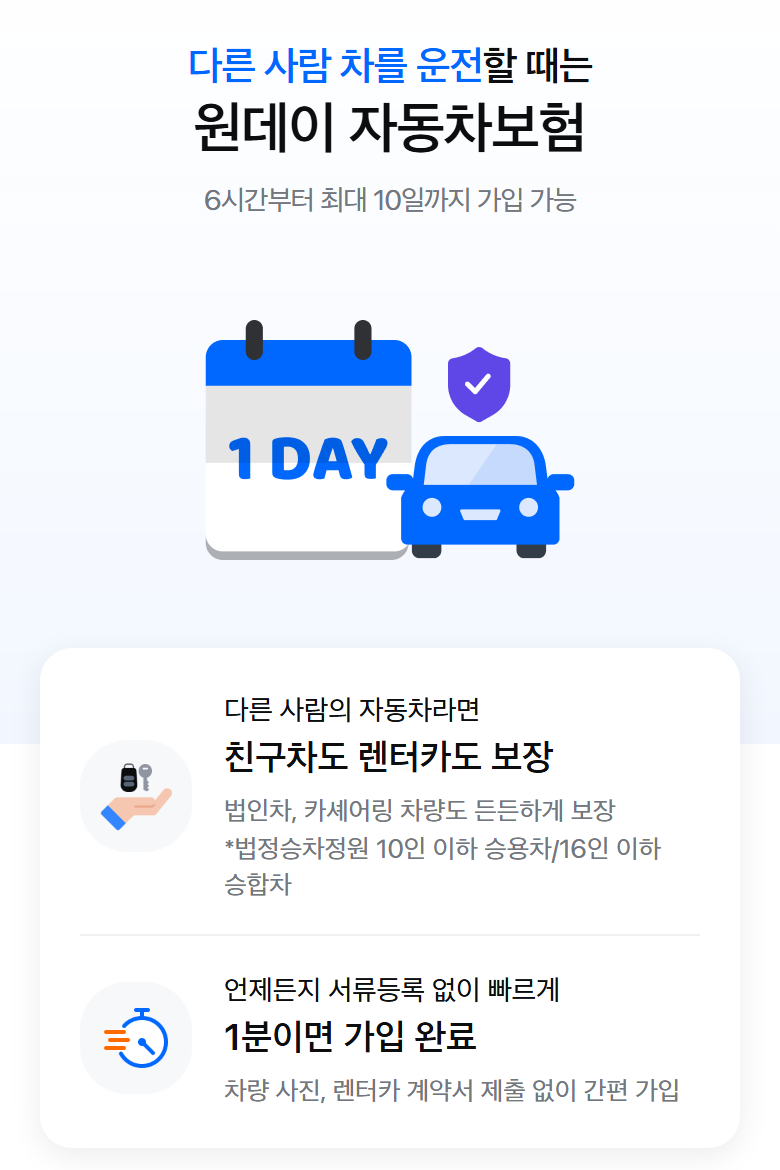 삼성화재 다이렉트 원데이 자동차보험 상품 안내 화면: 다른 사람 차를 운전할 때는 원데이 자동차보험, 6시간부터 최대 10일까지 가입 가능, 1 DAY 달력과 자동차 그림, 친구차도 렌터카도 보장, 1분이면 가입 완료