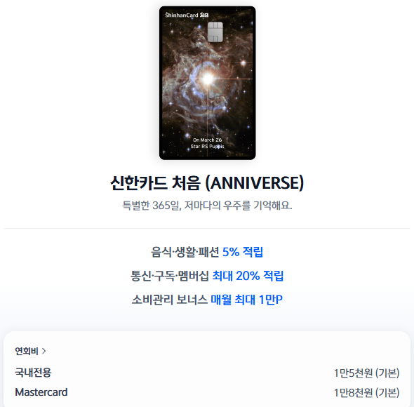 신한카드 처음(ANNIVERSE) 카드 실물 디자인과 상품 안내: 음식·생활·패션 5% 적립, 통신·구독·멤버십 최대 20% 적립, 연회비 국내전용 1만 5천 원·Mastercard 1만 8천 원