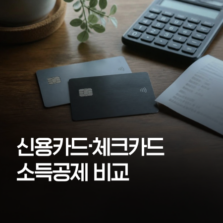 책상 위 신용카드·체크카드와 계산기 위로 '신용카드·체크카드 소득공제 비교' 제목이 적힌 썸네일